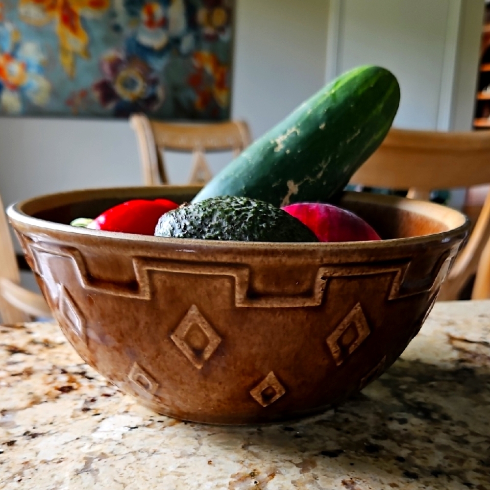 Vintage Brown Geometric Patterned Bowl